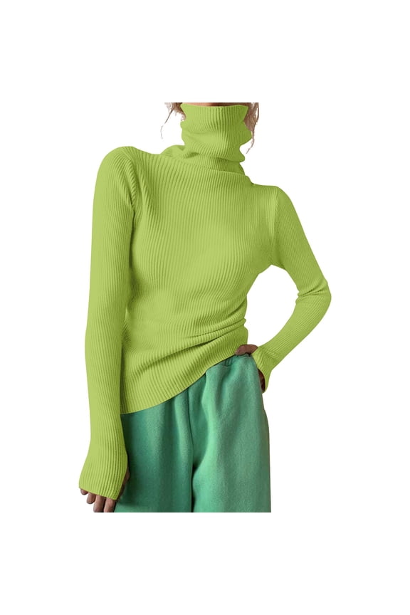 Women Turtleneck Ribbed Knit Sweater Top Thumb Hole Long Sleeve Neck Slim Fit Green S