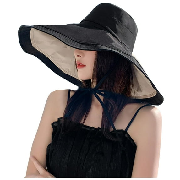 Fgnfyis Women Wide Brim Soft Reversible Beach Hat Breathable Sun Hat Casual Womens Hats Black