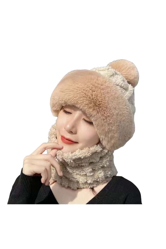 Women Winter Knitted Hat Scarf Integrated Warm Lined Earflap Cap Khaki One Size