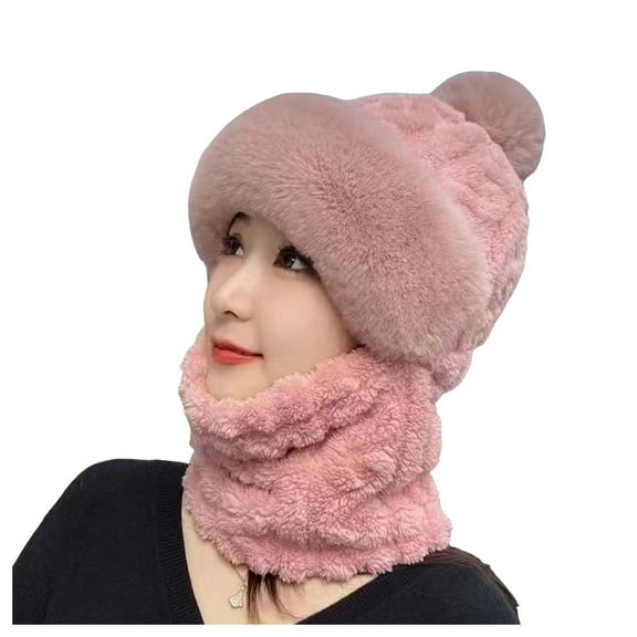 Fgnfyis Women Winter Knitted Hat Scarf Integrated Warm Lined Earflap Cap Pink One Size