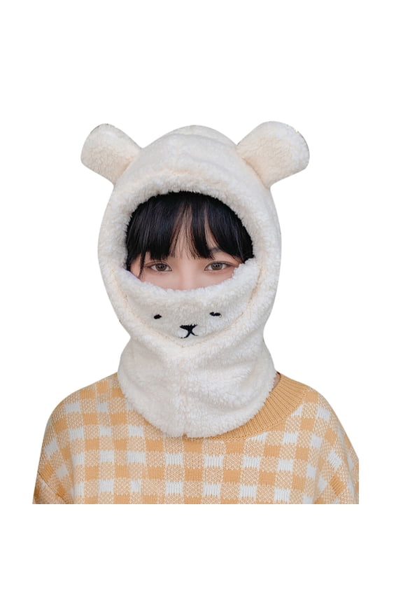 Women Winter Warm Windproof Hat with Face Guard, Bear Ear Neck Cover for Ski - Winter Hats for Women White
