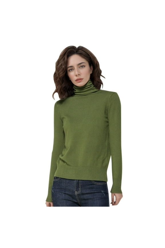 Women Wool Seamless Turtleneck Sweater First Line Long Sleeve Knitted Pullover Top Army Green L