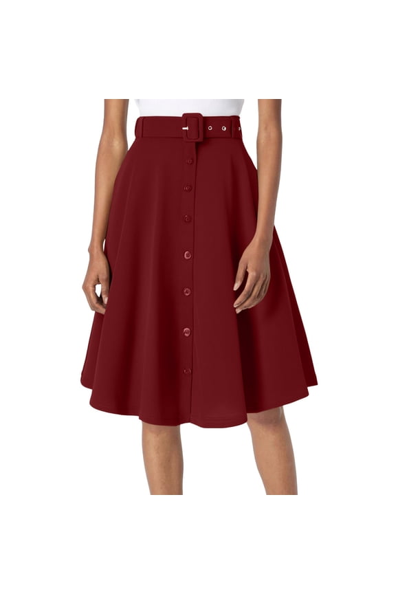 Women's A-Line Flared Midi Skirt Stretch High Waisted Button Down Swing Skirt with Pockets and Belts for a Retro Red S