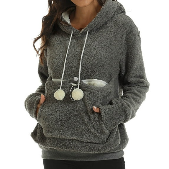 Fgnfyis Women's Autumn Winter Thick Hoodie with Large Pocket Solid Color Pet Hooded Sweatshirt Dark Gray M