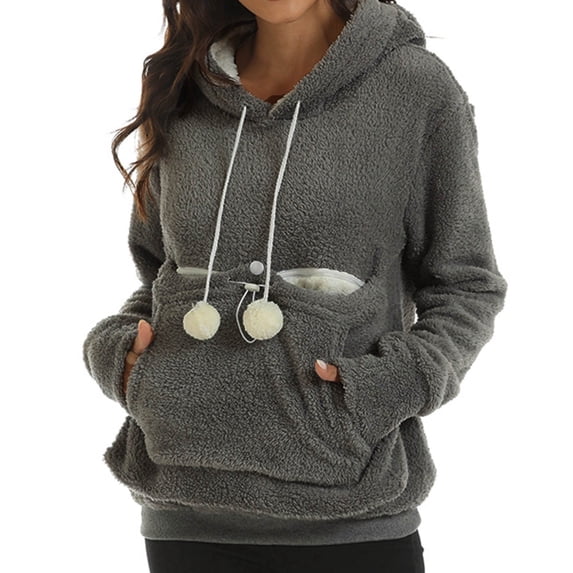 Fgnfyis Women's Autumn Winter Thick Hoodie with Large Pocket Solid Color Pet Hooded Sweatshirt Dark Gray XL