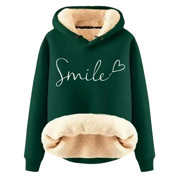 Fgnfyis Women's Autumn Winter Thickened Velvet Warm Solid Color Hooded Sweatshirt Cozy Lined Pullover for Cold Weather Casual Wear Green XXL