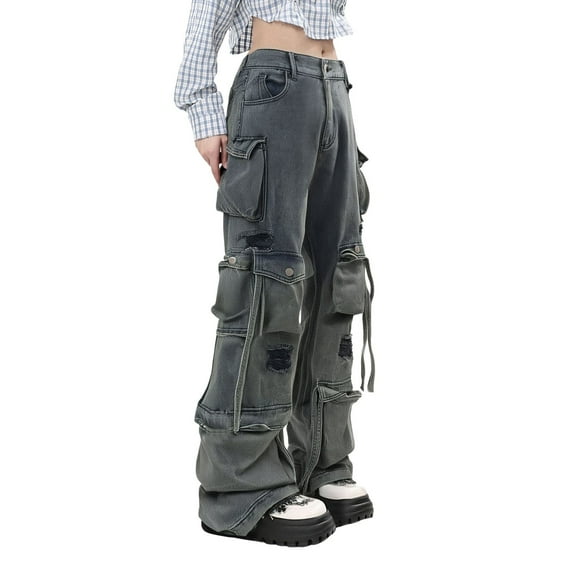 Fgnfyis Women’s Baggy Jeans Cargo Jeans Casual High Waist Baggy Denim Cargo Pants with Pockets Streetwear Streetwear Cargo Pants for Women Black L