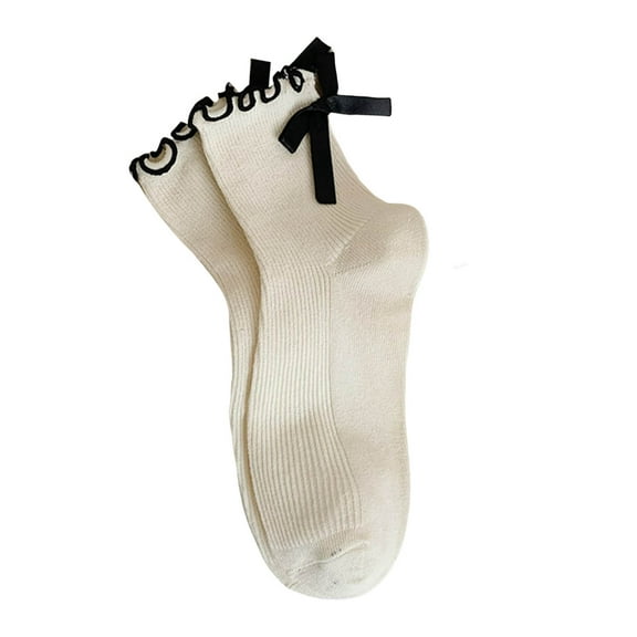 Fgnfyis Women's Bow Socks with Ruffled Detail Casual Crew Socks Solid Color Soft Breathable Lace Stockings Cute and Japanese Style Beige One Size