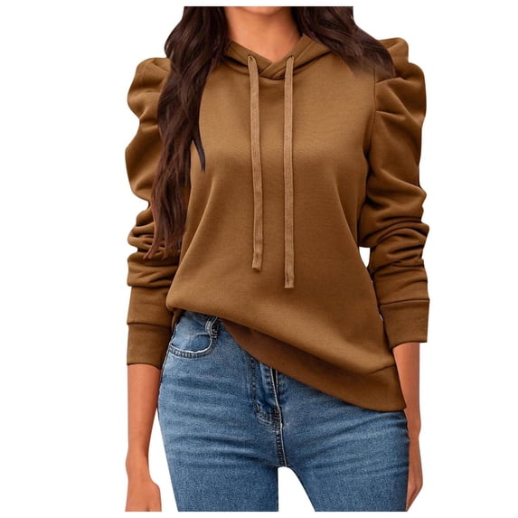 Fgnfyis Women's Casual Drawstring Hoodie with Puff Long Sleeve Solid Color Pullover Loose Fit for Fall Fashion and Comfortable Wear Brown S