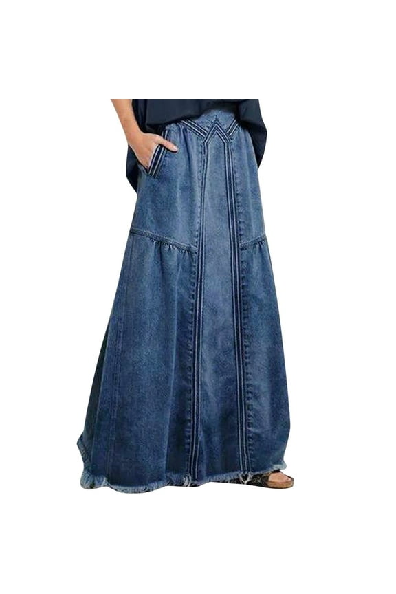 Women's Casual High Waist Denim Skirt Slim Fit A-line Jean Maxi Skirt Plus Size Skirts Design with Pockets Dark Blue S