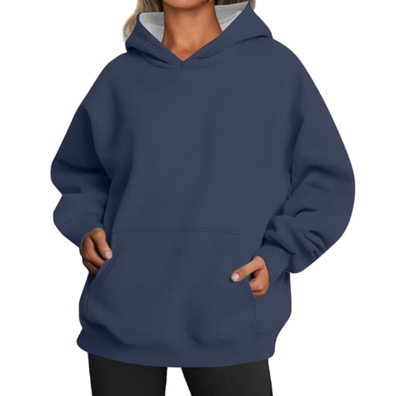 Fgnfyis Women's Casual Solid Color Loose Long Sleeve Hoodie with Pocket Pullover for Comfortable and Stylish Daily Wear Navy L