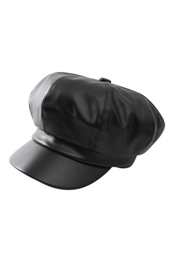 Women's Classic Leather Beret Hat Elegant Solid Color Painter Cap for Spring Fashion Black One Size