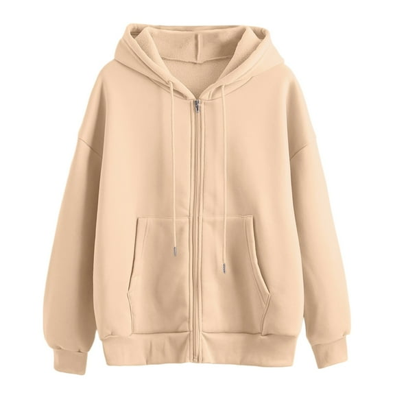 Fgnfyis Women's Comfortable Zipper Hoodie Solid Color Long Sleeve Cardigan Coat Casual Loose Sweater with Versatile Style Khaki L