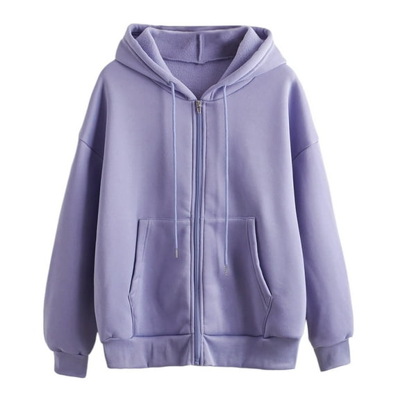 Fgnfyis Women's Comfortable Zipper Hoodie Solid Color Long Sleeve Cardigan Coat Casual Loose Sweater with Versatile Style Purple L