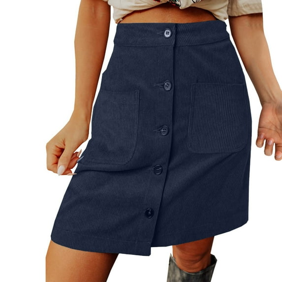 Fgnfyis Women's Corduroy Dress Autumn Winter High Waist Buckle A-Line Short Mini Dress with Strap Pocket Blue M