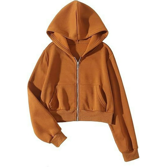 Fgnfyis Women's Crop Hoodie with Pocket Long Sleeve Drawstring Zip Up Hoodie Women Casual Solid Color Pullover Top for Daily Wear Brown M