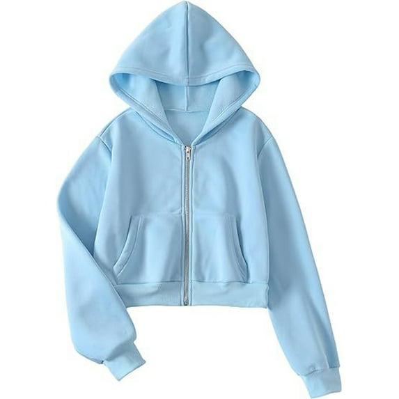 Fgnfyis Women's Crop Hoodie with Pocket Long Sleeve Drawstring Zip Up Hoodie Women Casual Solid Color Pullover Top for Daily Wear Light Blue M