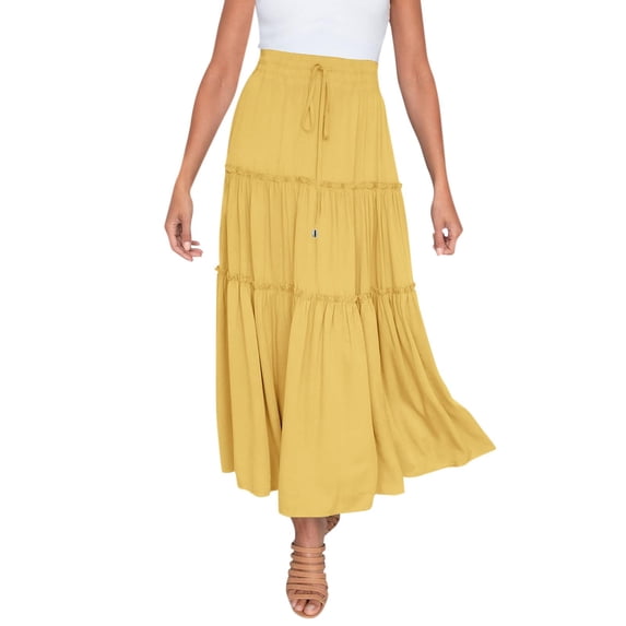 Fgnfyis Women’s Elastic High Waist Boho Maxi Skirt Ruffle A-Line Swing Long Skirts for a Flowy Style Yellow XL