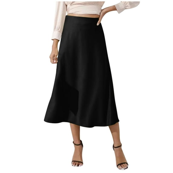 Fgnfyis Women's Elegant High Waist Skirt Solid Satin Dress Material Elastic Waist for a Sophisticated Black S