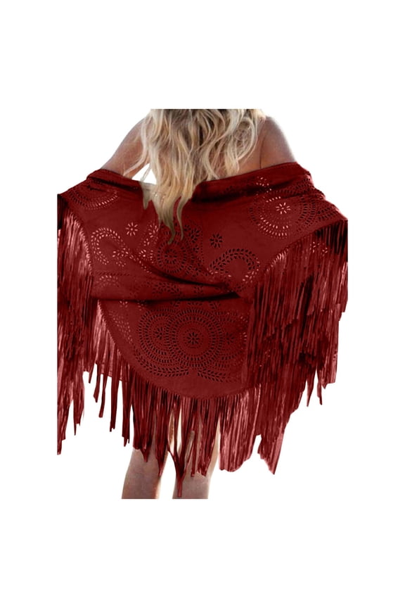 Women's Elegant Tassel Cape Suede Bucket Wrap Shawl Fashionable Outerwear Accessory Red One Size