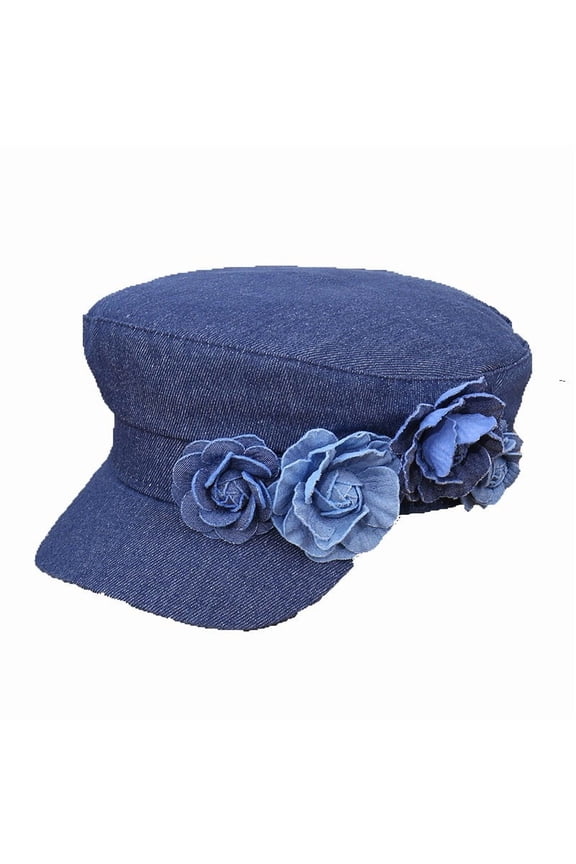 Women's Fashion Denim Beret Hat with Floral French Style Flat Top Summer Sun Cap Blue M