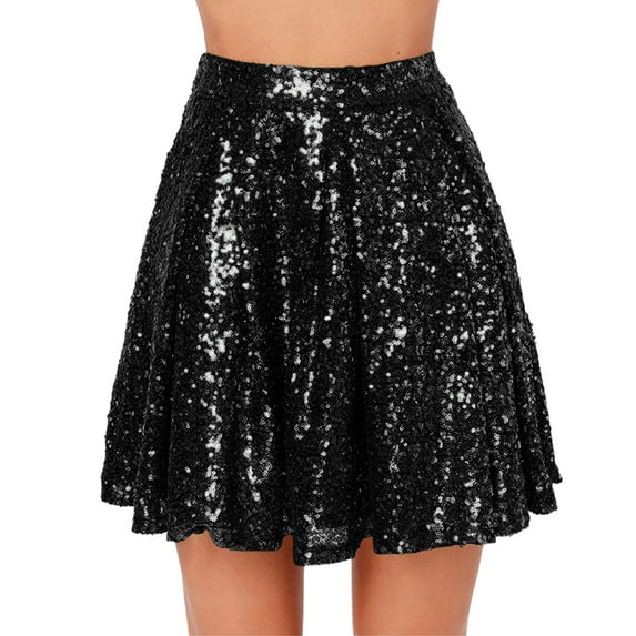 Fgnfyis Women's Fashion High Waist Pleated Solid Color Short Skirt Loose Sequin Skirt for a Sparkly Black M