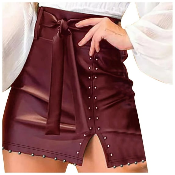 Fgnfyis Women's Fashion Pleated Mini Skirt with Leather Belt and Zipper Detail Solid Color Pencil Style for a Red M