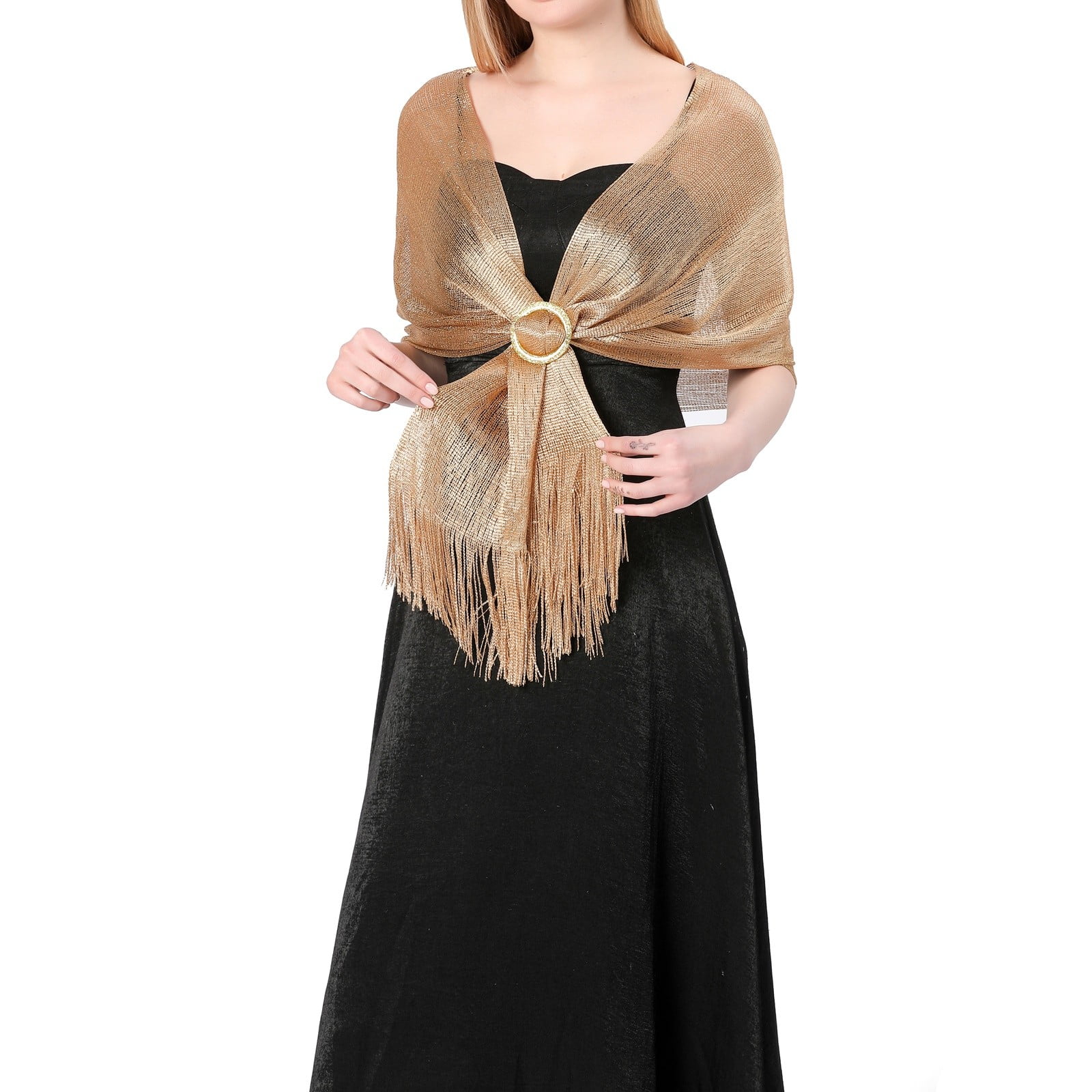slim fit dress slacks Nicoblu Josephine Reversible Pashmina Shawl in Gold Shimmer Dune main image 1