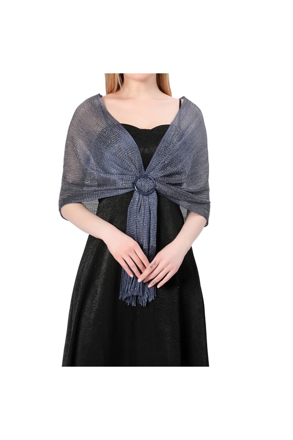 Women's Fashion Solid Color Shawl Scarf with Shiny Metal Buckle Detail for Elegant Style Navy One Size