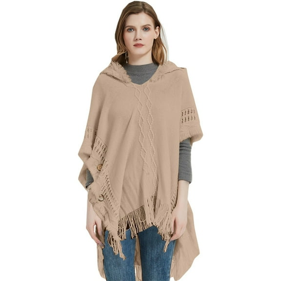 Fgnfyis Women's Fashion Striped Cape Hooded Sweater Shawl Top Batsleeve Pullover Wraps for Spring Autumn Winter Khaki One Size