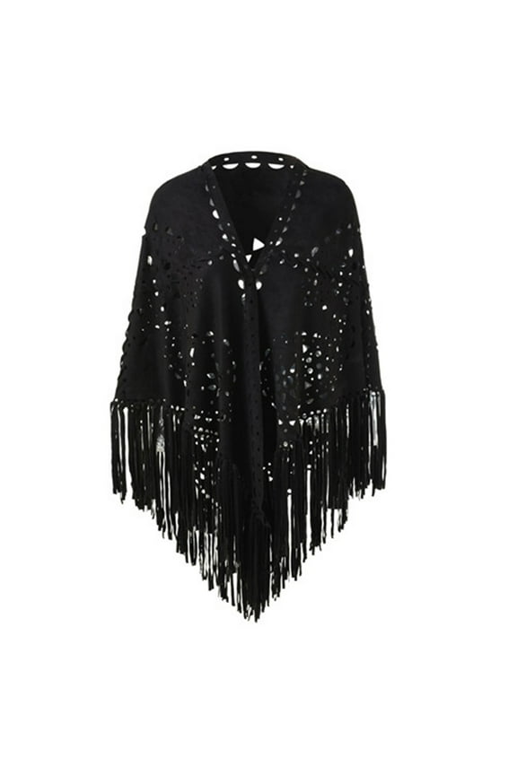 Women's Graceful Suede Fringe Open Cape Poncho Shawl With Elegant Punch Pattern Design Black One Size