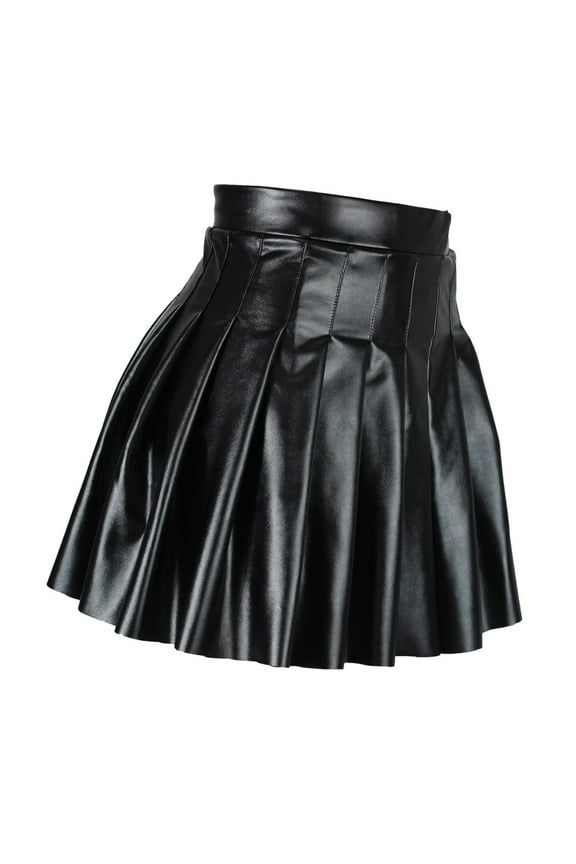 Women's High Waist Pleated Skirt Short Leather Style Elegant Solid Color Black M