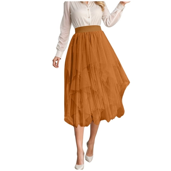 Fgnfyis Women's Irregular Mesh Half Skirt Women's Medium Length Skirt High Waisted Versatile Skirt Sheer Layer Yellow XS