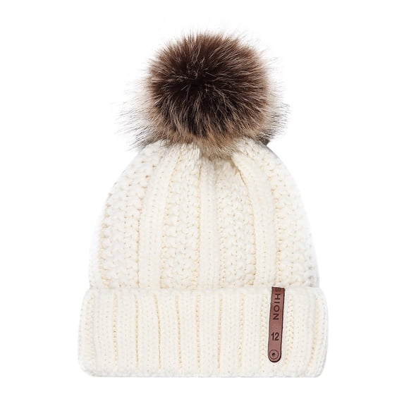 Fgnfyis Women's Knit Thicken Wool Solid Fashion Cap with Leather Label Winter Ear Protection Winter Hats for Women White