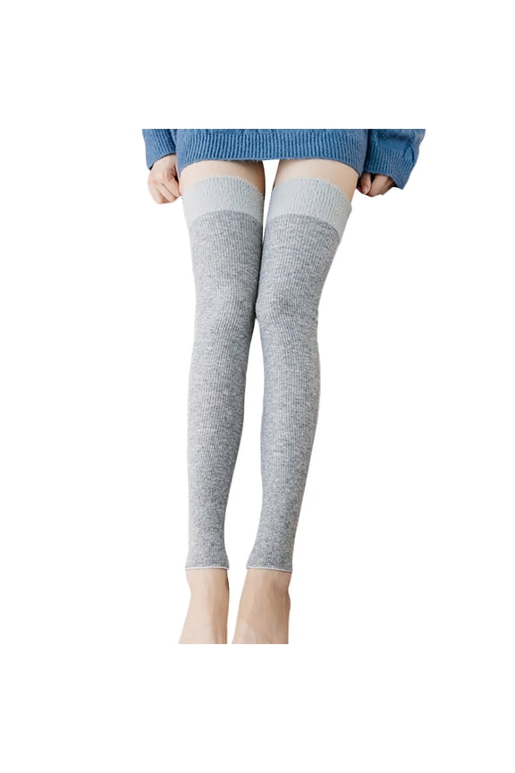 Women's Knitted Rabbit Wool Knee High Long Socks Warm Patchwork Yoga Leg Protectors Grey One Size