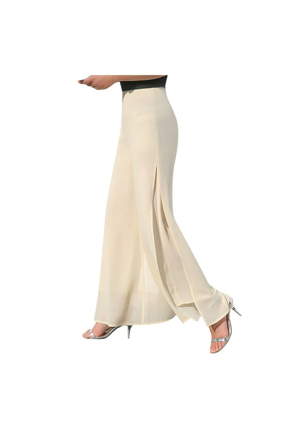 Women's Lightweight Chiffon High Elastic Waist Flowing Trousers Flared Straight Leg Women Pants Wedding Culottes for Party Beige XL
