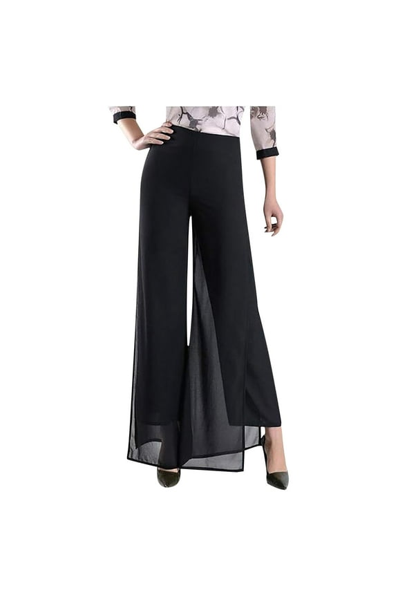 Women's Lightweight Chiffon High Elastic Waist Flowing Trousers Flared Straight Leg Women Pants Wedding Culottes for Party Black XL