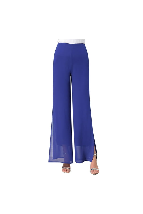 Women's Lightweight Chiffon High Elastic Waist Flowing Trousers Flared Straight Leg Women Pants Wedding Culottes for Party Blue L