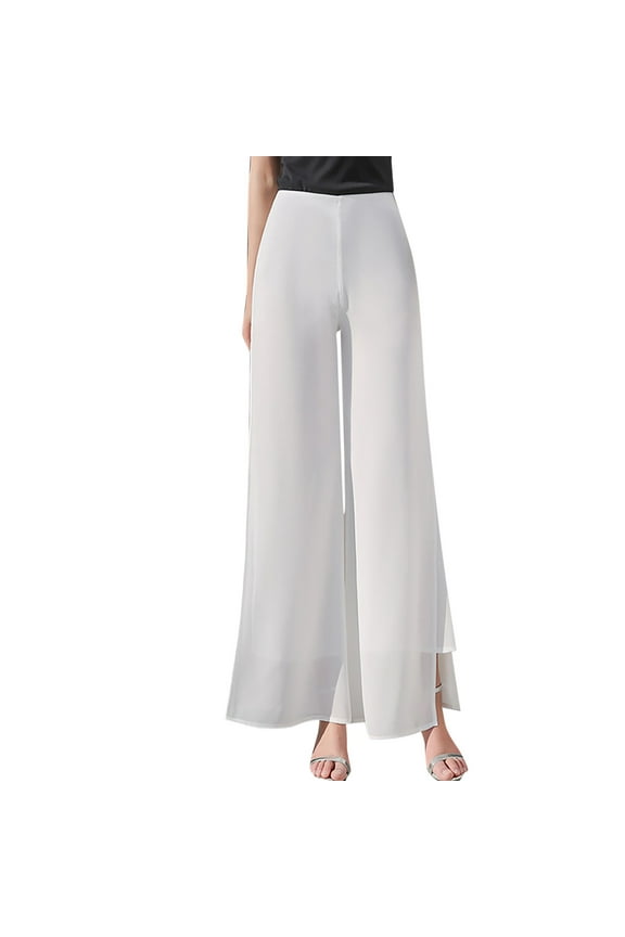 Women's Lightweight Chiffon High Elastic Waist Flowing Trousers Flared Straight Leg Women Pants Wedding Culottes for Party White S