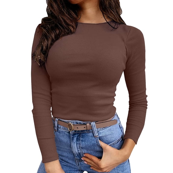 Fgnfyis Women's Long Sleeve T-Shirt Soft Casual Loose Fit Pocket Detail Flip Hem Comfortable Basic Top for Everyday Wear Coffee XXL