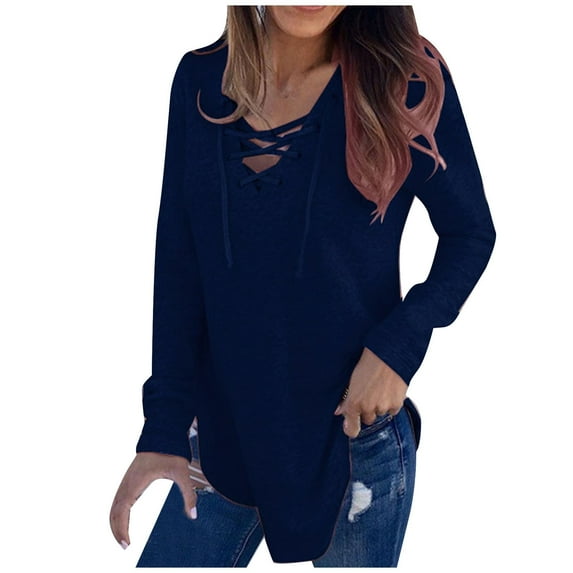 Fgnfyis Women's Long Sleeve T-Shirt Soft Casual Loose Fit Pocket Detail Flip Hem Comfortable Basic Top for Everyday Wear Navy XL