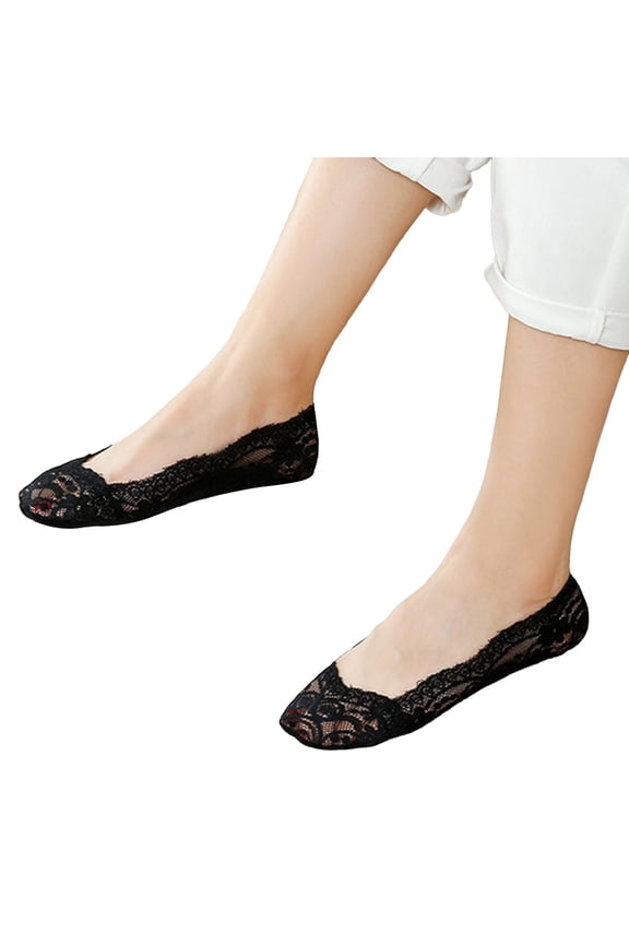 Women's Non Ballerina Socks with Lace Splice Design Comfortable Boat Style Slipper Socks for Everyday Wear Black One Size