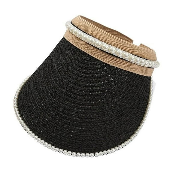 Fgnfyis Women's Pearl Sun Visor Hat Foldable Straw Wide Brim Summer Beach Travel Sun Cap Adjustable UPF50  Black One Size