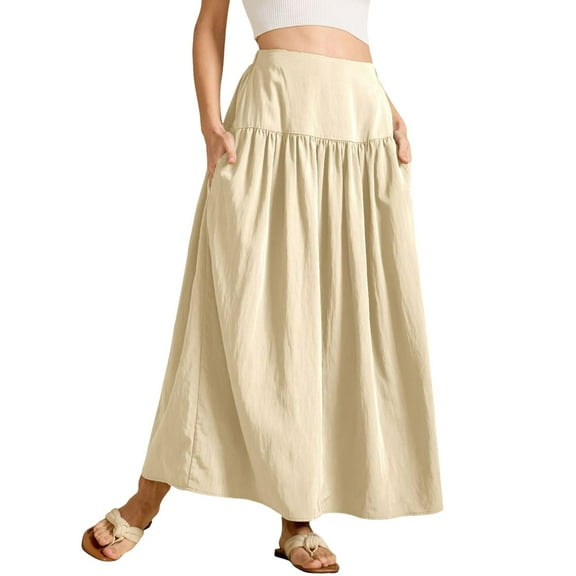 Fgnfyis Women's Pleated Flowy Long Skirts High Waist Maxi Skirt with Pocket for a Versatile and Practical Outfit Beige S