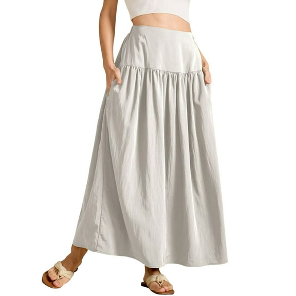 Fgnfyis Women's Pleated Flowy Long Skirts High Waist Maxi Skirt with Pocket for a Versatile and Practical Outfit White M