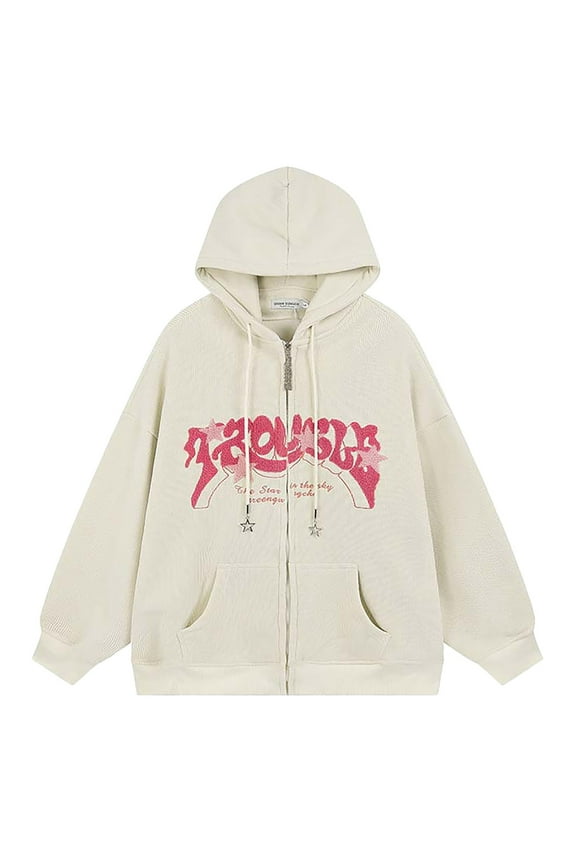 Women's Retro Letter Embroidery Hooded Sweatshirt Oversized Unisex Zipper Hoodie Jacket for Couples and Casual Streetwear Beige S
