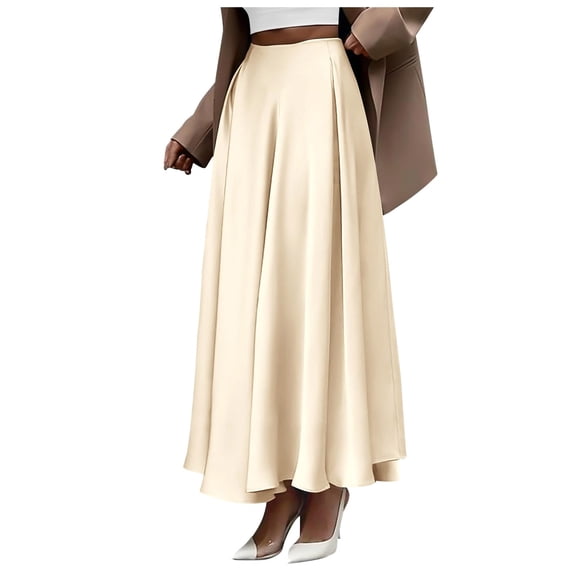 Fgnfyis Women's Satin High Waist Skirts Summer Fall Outfits Elegant Party Flowy A-line Maxi Skirt formal Beige S