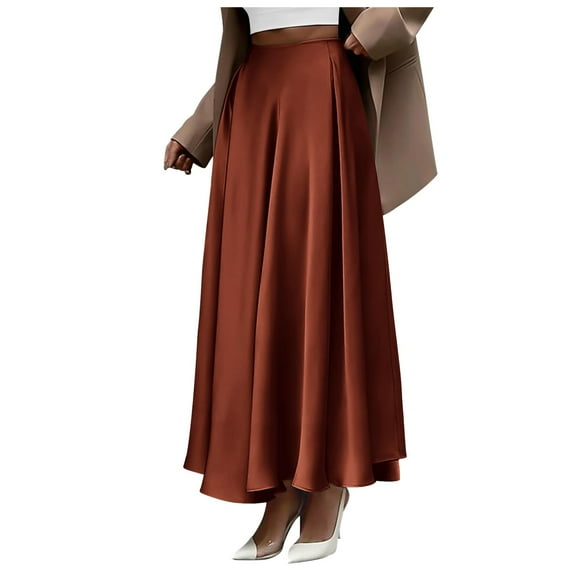 Fgnfyis Women's Satin High Waist Skirts Summer Fall Outfits Elegant Party Flowy A-line Maxi Skirt formal Orange M