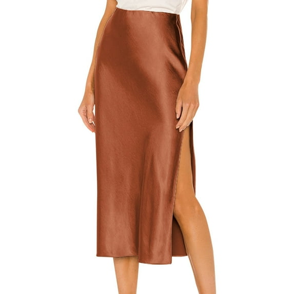 Fgnfyis Women's Satin Skirt Elastic High Waisted Solid Color Slit MIDI Skirt for a Sophisticated Style Brown L