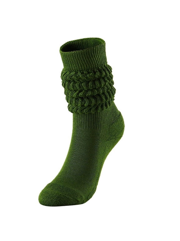 Women's Stacked Socks Mid High Calf Socks with Pulled Wool Detail Fashionable Socks for Women Crew Socks Unique Texture Dark Green One Size
